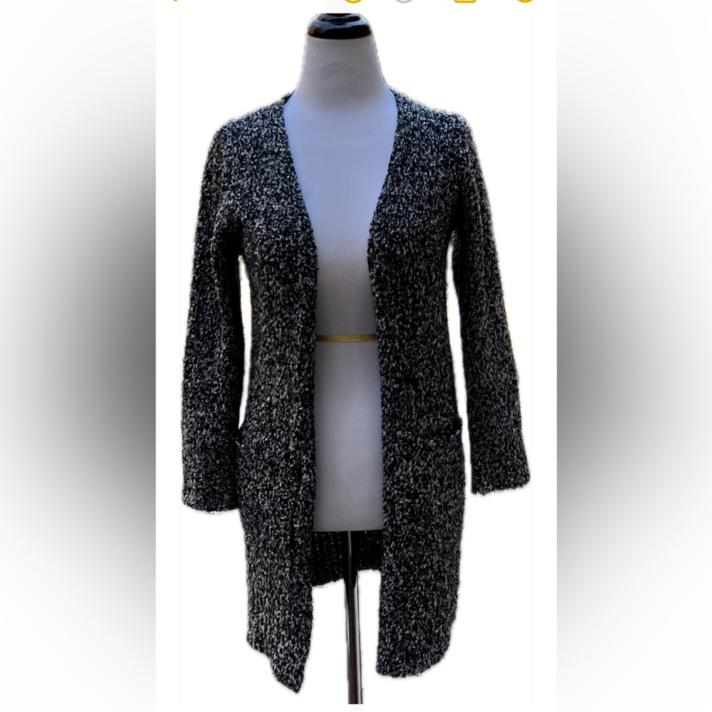 White gray black knit open cardigan sweater w/ pockets by LOVE VINTAGE